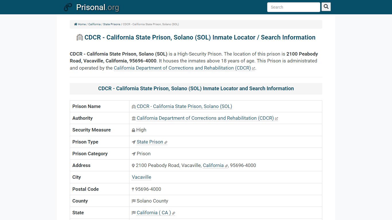CDCR - California State Prison, Solano (SOL)-Inmate ...